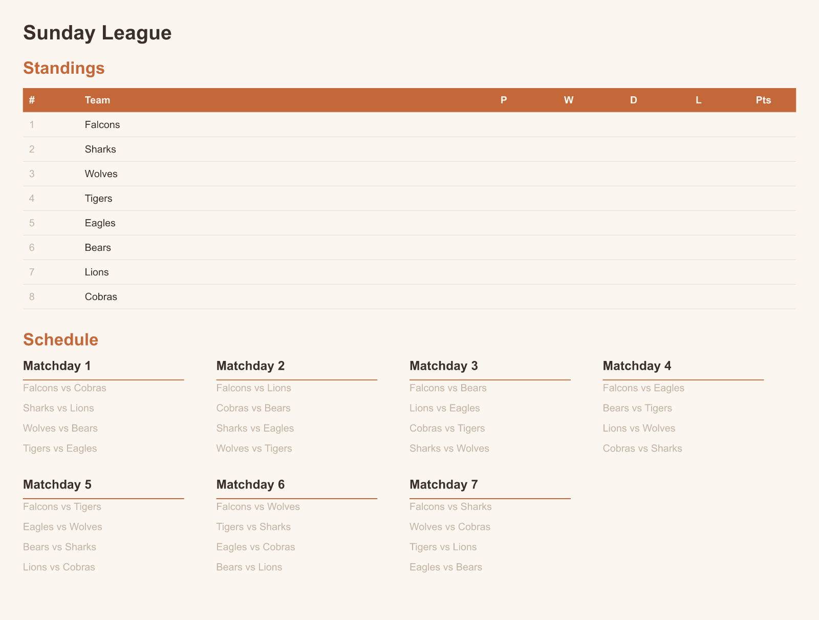 A round robin generated in Canva, with a standings table showing played, won, drawn, lost and points, and a full matchday schedule below it.