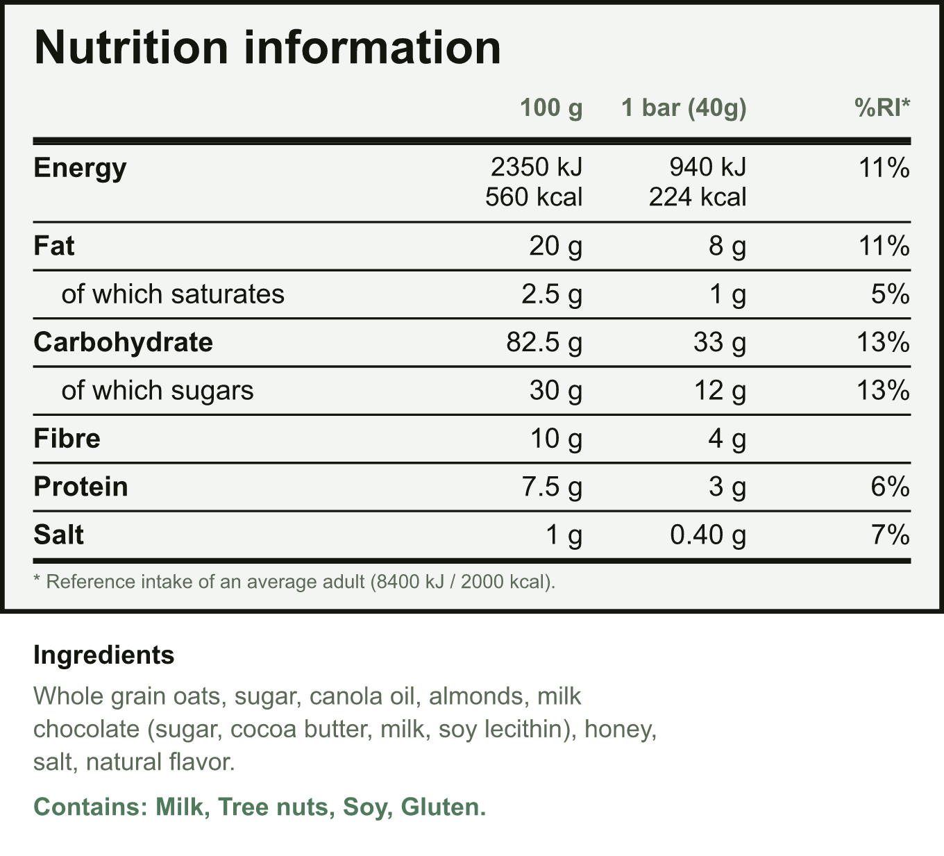 An EU nutrition information table per 100 g and per portion, with energy in kJ and kcal, fat, saturates, carbohydrate, sugars, fibre, protein and salt, plus a % reference intake column.