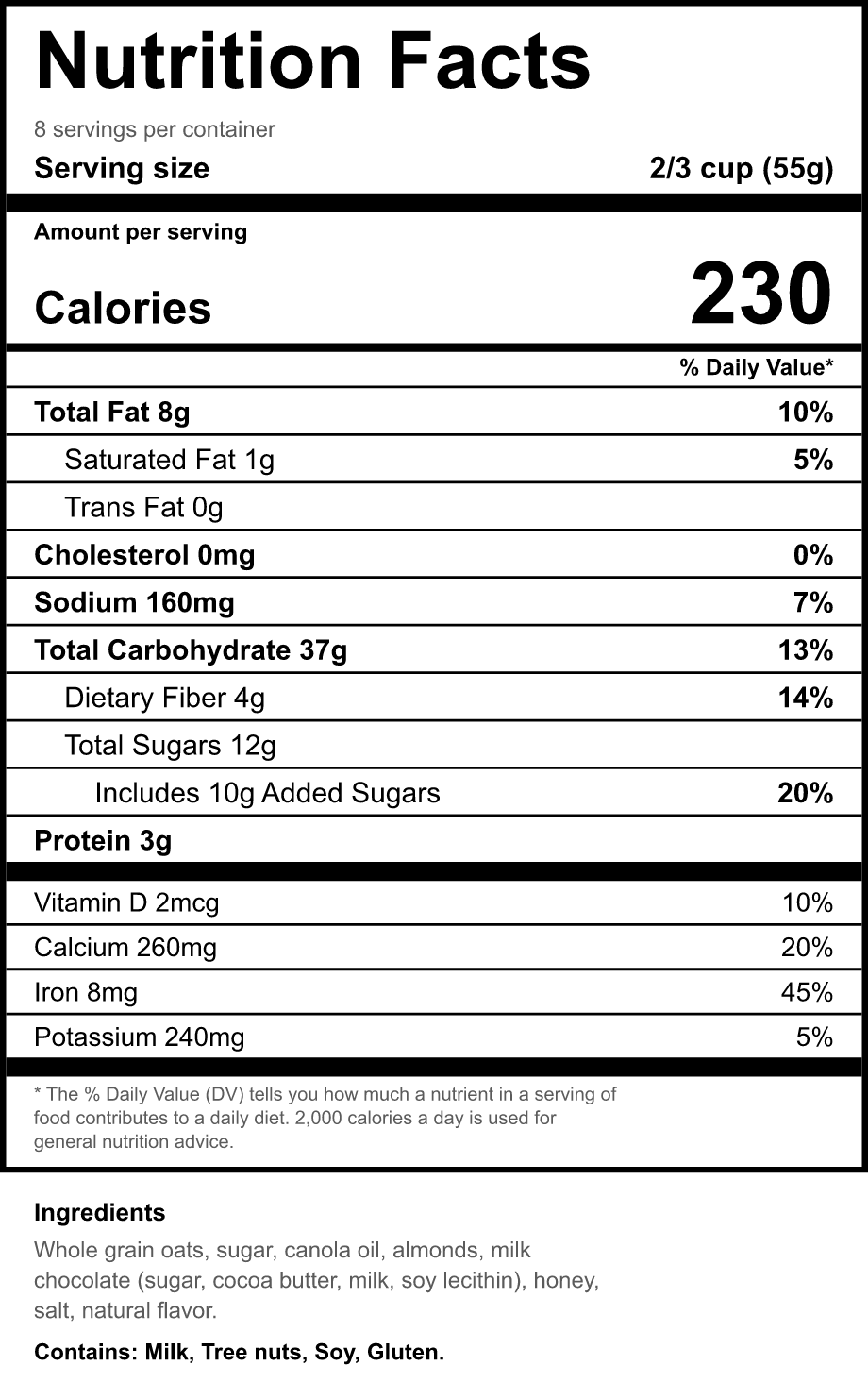 A US Nutrition Facts panel generated in Canva, with calories, rounded amounts, a % Daily Value column, vitamins, an ingredient list and a bold Contains line for allergens.