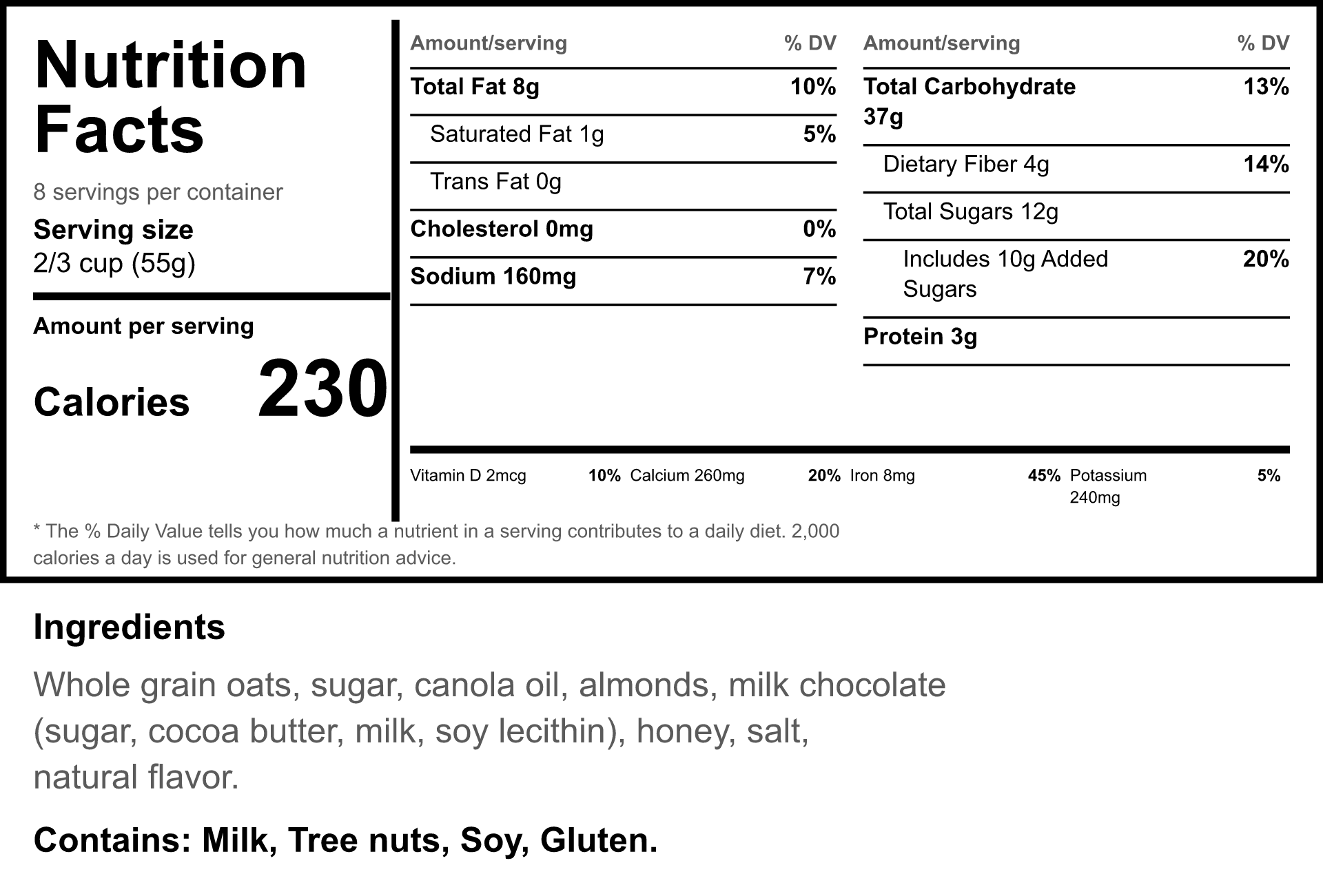A horizontal, tabular US Nutrition Facts panel with the heading and calories on the left and two columns of nutrients on the right, for wide or small packages.
